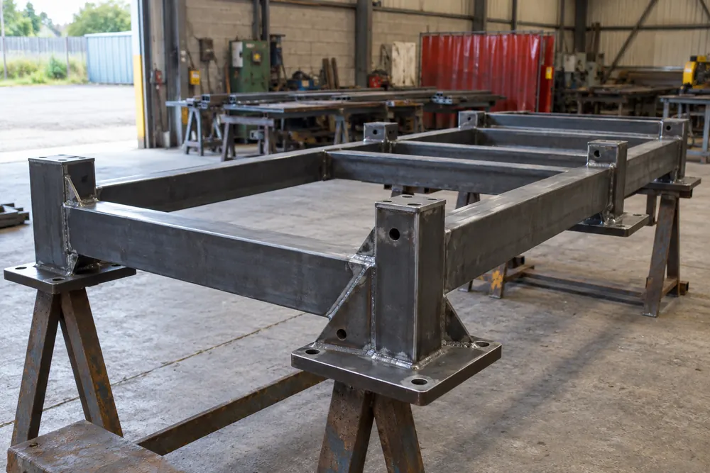Bespoke steel support frame with drilled base plates on workshop trestles