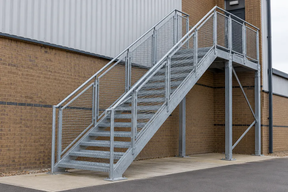 Galvanised external steel staircase with mesh guarding beside a commercial building