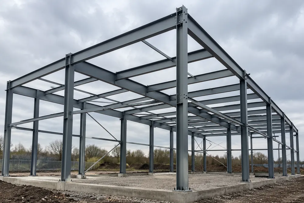 Bolted steel frame of a commercial warehouse under construction
