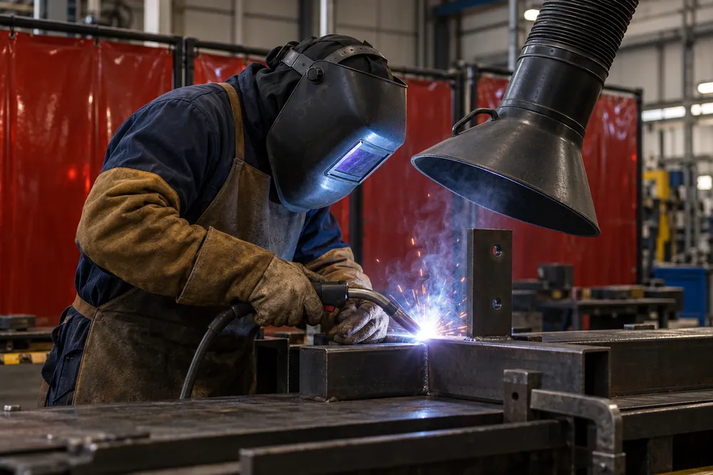 Welder using protective clothing and local fume extraction at a steel workbench