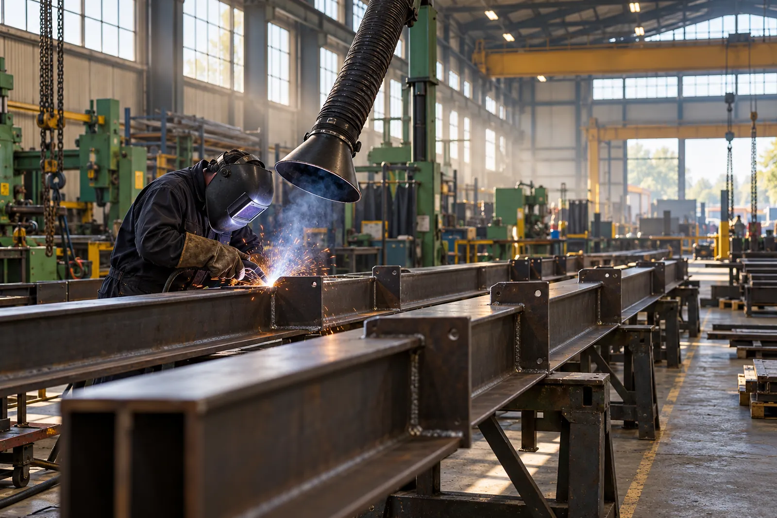 Steel beams on trestles and a protected welder in an industrial fabrication workshop